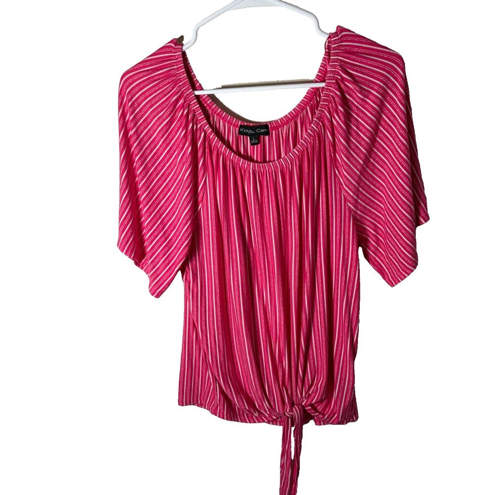Kim & Cami Blouse Women's Large Round Neck Short Sleeve Striped Tie Casual Top